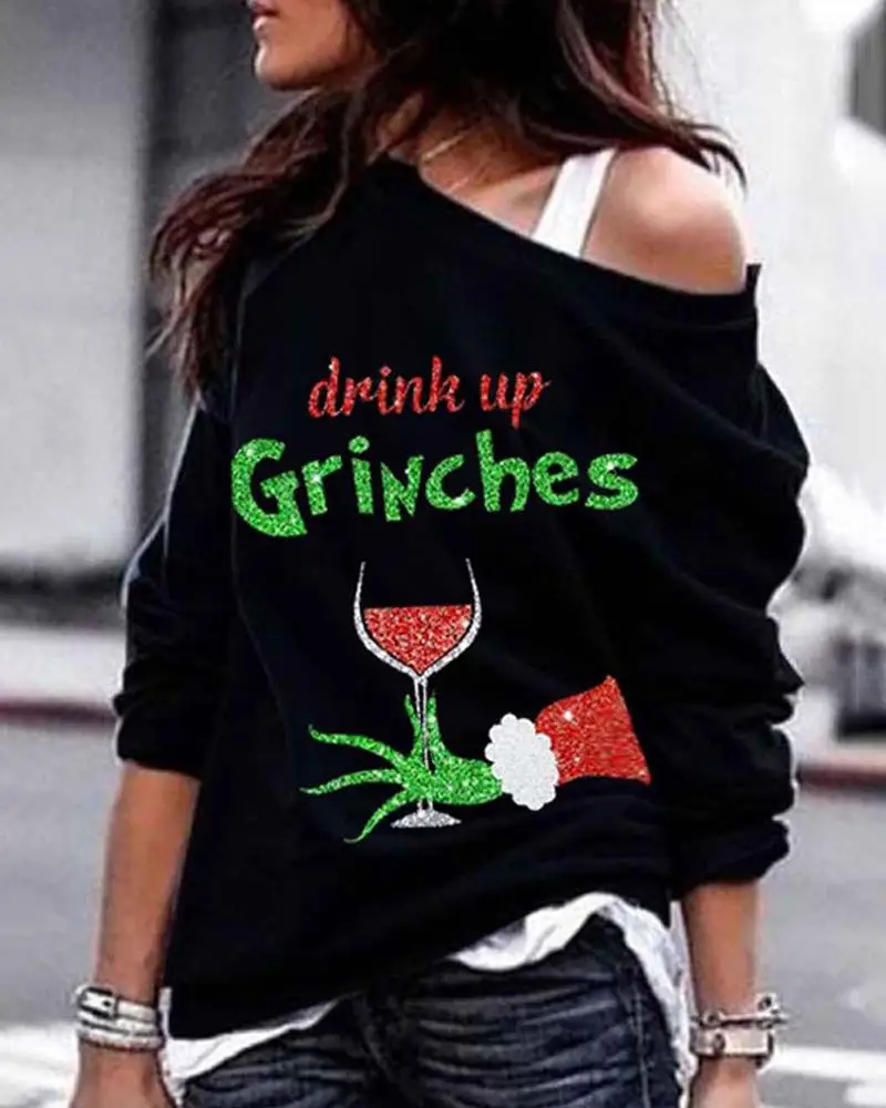 

Women Fashion Casual Long Sleeve Tops Blouse Feamle Christmas Grinches Glass Wine Print Design 2XL Plus size Sweatshirt Tops