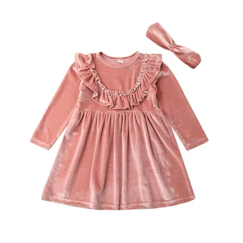 

1-6Y Kids Baby Girl Long Sleeve Solid Pink Ruffles A-line Velvet Dress Headband 2PCS Outfits Autumn Clothes