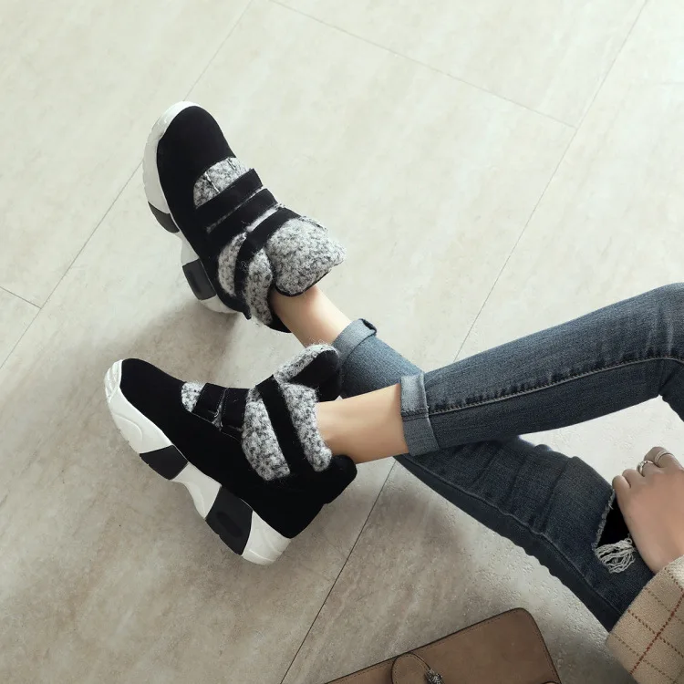 

2018 Winter Thick Bottomed Genuine Leather High Shoes Platform Wool Short Boots Dull Polish Cowhide Platform Shoes Warm Athletic