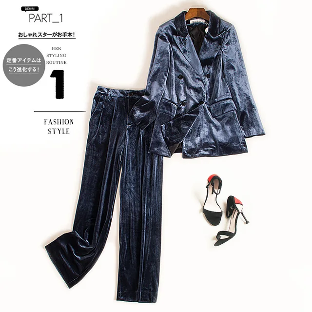 New Autumn and Winter Women's Professional Suit Pants Two-piece High Quality Vintage Gold Velvet Female Jacket Casual Trousers A