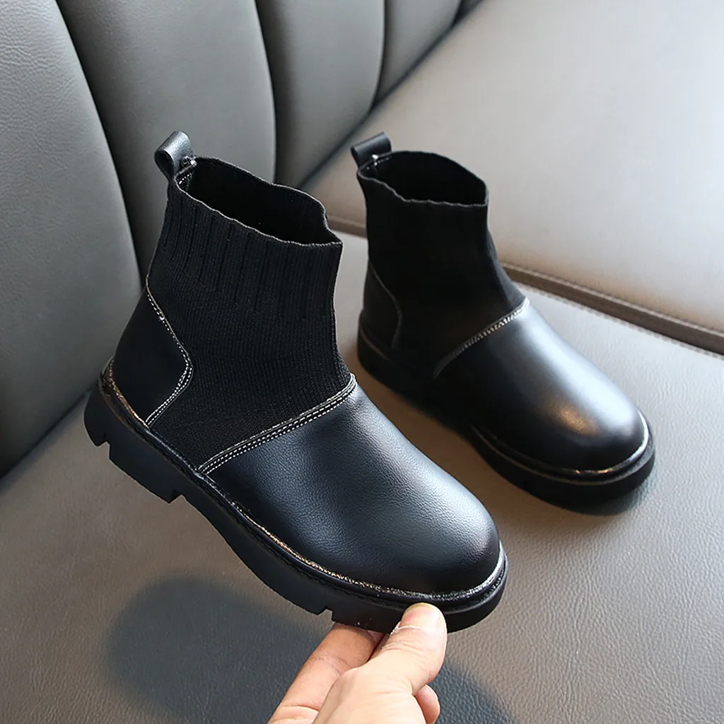 Детские ботинки для девочек зимняя обувь британский стиль плюс бархатный носок сапоги для девочек черный, белый цвет по щиколотку ботинки, детская обувь