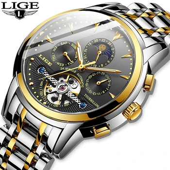 LIGE Top Brand Luxury Moon phase Calendar Stainless Steel Men Mechanical Automatic Wrist Watches Military Sport Male Date Clock carnival men watch top brand luxury automatic male clock calfskin band day and date display black lens mechanical watches hot sa