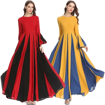 

2019 Spring Autumn Women Long Spliced Swing Dress Long Sleeve O-Neck Elegant Vestidos Dresses Red Yellow Fashion OL Clothing