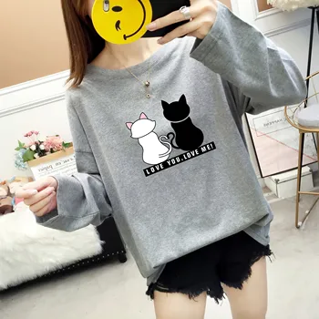 

2020 Womens Loose T Shirt Kawaii Cartoon Cat Print Casual Female Full Sleeve O-neck Thin T Shirts Ladies Korean Harajuku Tops