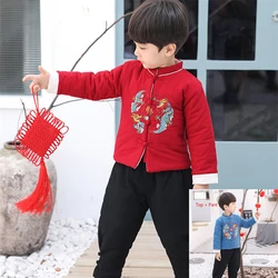 2Pcs New Year costumes Traditional Chinese Clothes For Kids Boy Girl Spring Festival Performance Clothing Hanfu Cotton Top+Pants
