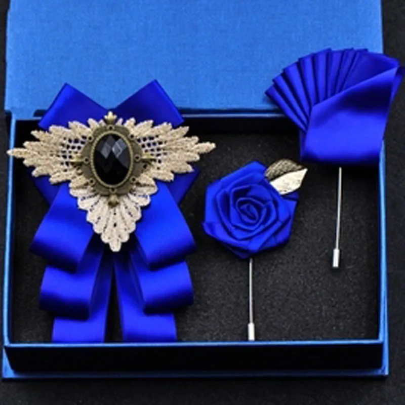 Blue set Галстук-бабочка, винтажные стразы, ручная работа, лента, брошь, галстук-бабочка, элегантные ювелирные изделия, воротник, булавка, галстук, свадебные аксессуары, карманный квадратный - Цвет: Blue set
