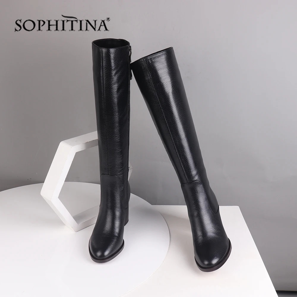 SOPHITINA/модные однотонные ботинки; удобные теплые ботинки из натуральной кожи с круглым носком на квадратном каблуке; женские сапоги до колена; SC217