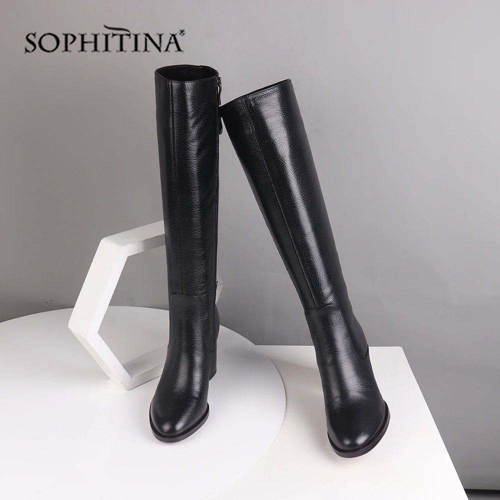 Женские сапоги из натуральной кожи SOPHITINA теплые удобные до колена на устойчивом