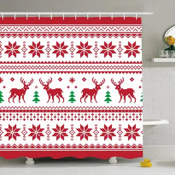 

Shower Curtain Set with Hooks 72x72 Knitwear Sweater Christmas Europe Texture Red Winter Pattern with Nordic Craft Textures