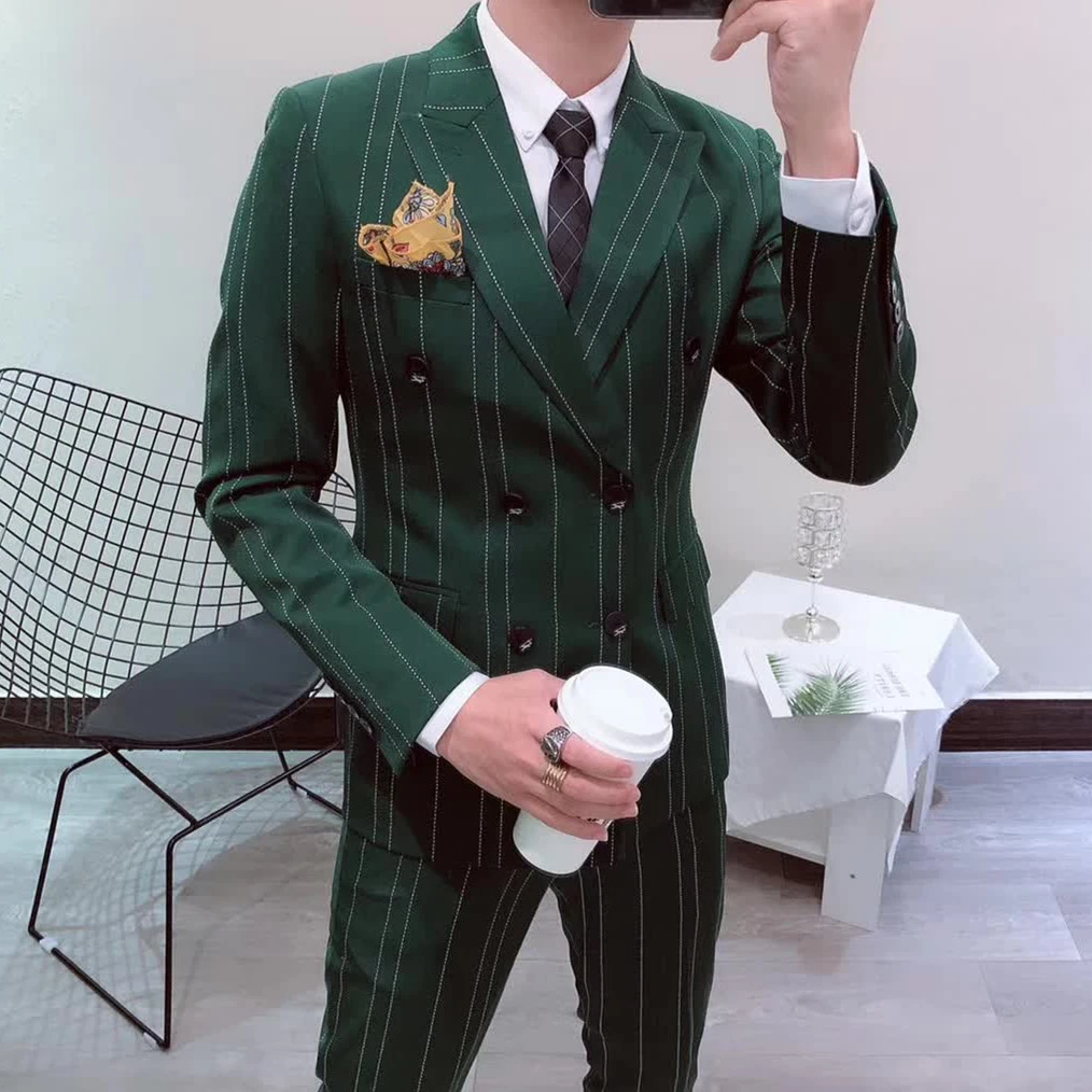 

2pcs Pin Stripe Men Suit Design 2019 Green Black White Double Breasted Suit Moking Homme Mariage Slim Fit Ternos Para Hombre