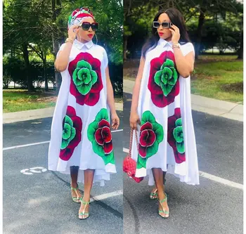 

Africam Dress Women Bazin Ankara Dashiki Clothes Sleeveless Print Floral Lapel Shirt Kanga Africa Loose Maxi Vestidos Summer