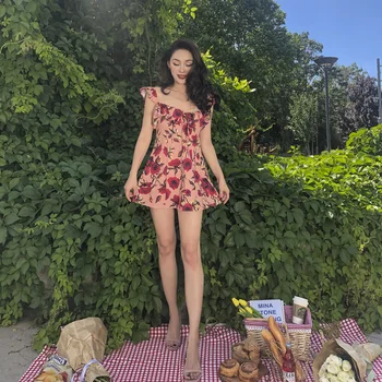 

2019 New Loose Vintage Rose Pattern A-Line Spaghetti Strap Mini Dress Women