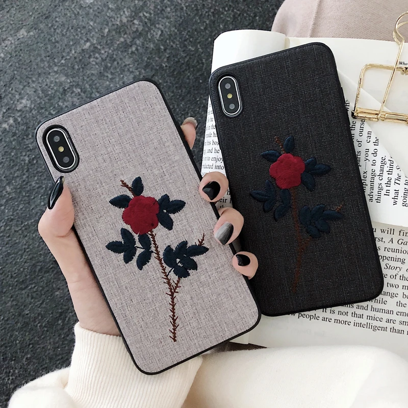 

Embroidery Phone Case For iPhone 8 Plus X XR XS Max 7 6 6S Plus cover Barbed rose