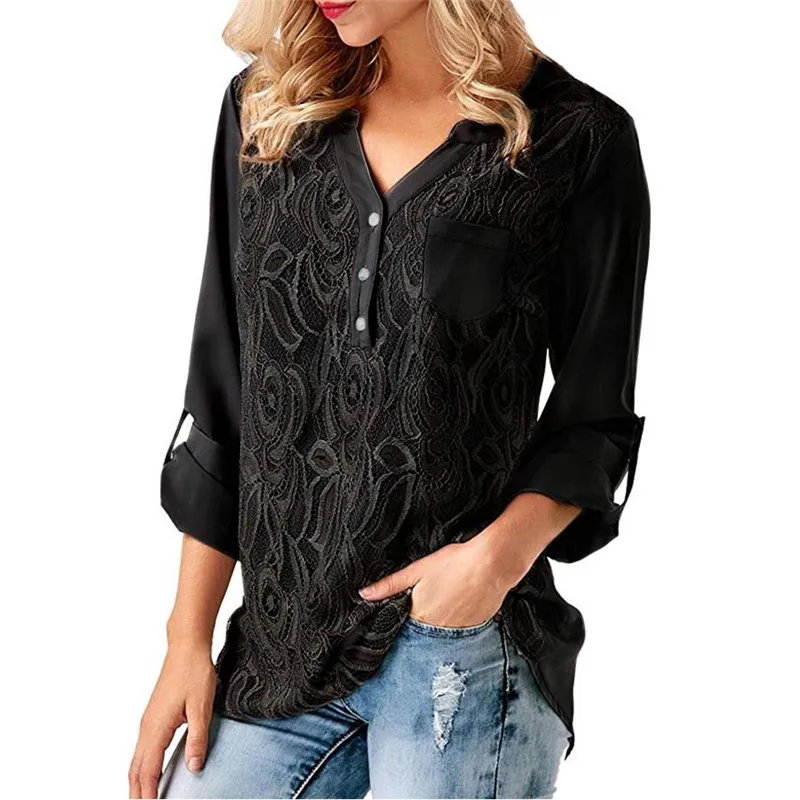 YMING модная шифоновая женская блузка плюс размер рубашки с длинными рукавами на пуговицах с v-образным вырезом женский топ вязанная крючком Женская Туника выше размера d Blusas - Цвет: Черный