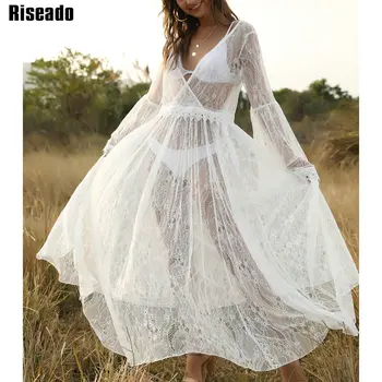 

Riseado White Lace Beach Dress Long-sleeve Beach Tunic Mesh Long Beach Cover Ups Wrap Swimsuit 2020 Boho Summer Beach Wear
