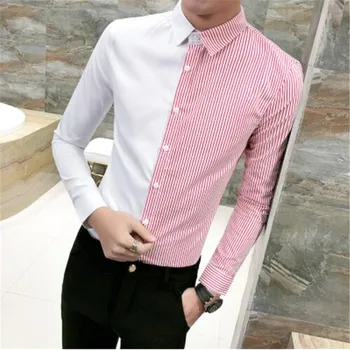 

Personality Patchwork Shirt Men Fashion Slim Fit Striped Mens Tuxedo Shirts 2019 Spring Long Sleeve Night Club Work Shirts Male
