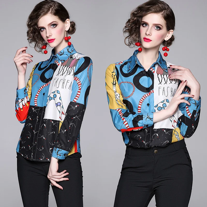 Женская Блузка синяя с длинным рукавом офисная Дамская принтом женская рубашка