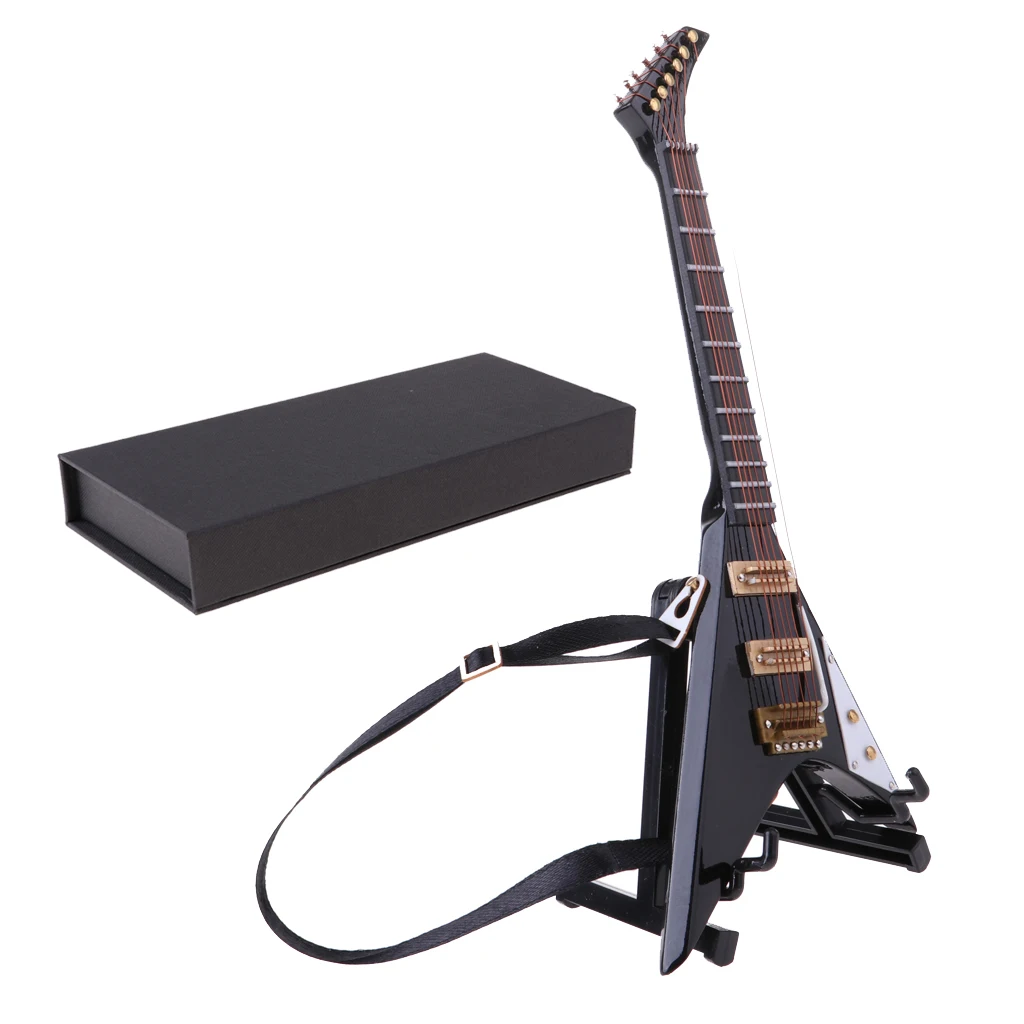 1/6 Scale Miniature Musical Instrument Model Come With Stand & PU Box for Action Figures Dolls Accessory-Wooden V Guitar Model