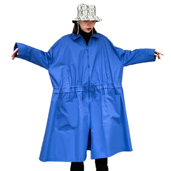 

QING MO Blue Women Spring Coat 2020 Women Adjustable Waist Coat Female Batwing Sleeve Coat Plus Size Slim Outwear ZQY3059