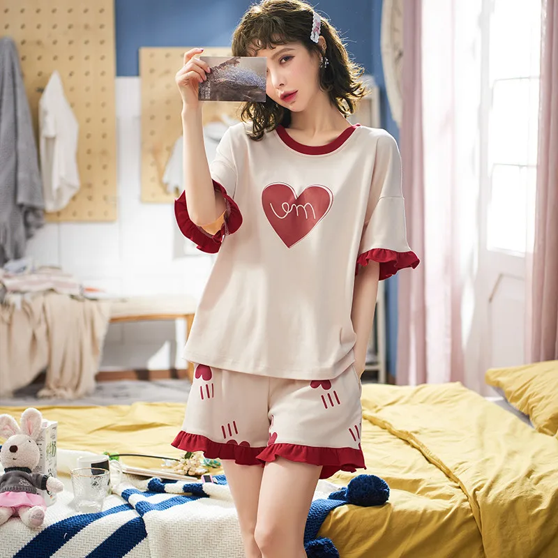 

Summer 2020 Loose Pajama Sets Women Cartoon Peach Heart Print Print 2 Pieces Set Short Sleeve Top + Shorts Elastic Waist Pyjamas