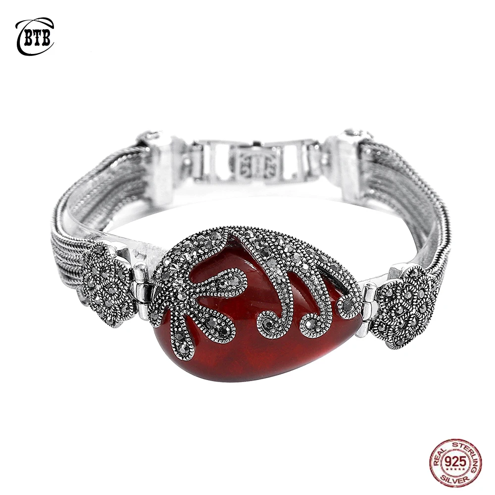 Натуральный Овальный Красный Камень настоящий 925 пробы Серебряный винтажный браслет черные кристаллы, цветок тайский серебряный браслет для женщин ювелирные изделия