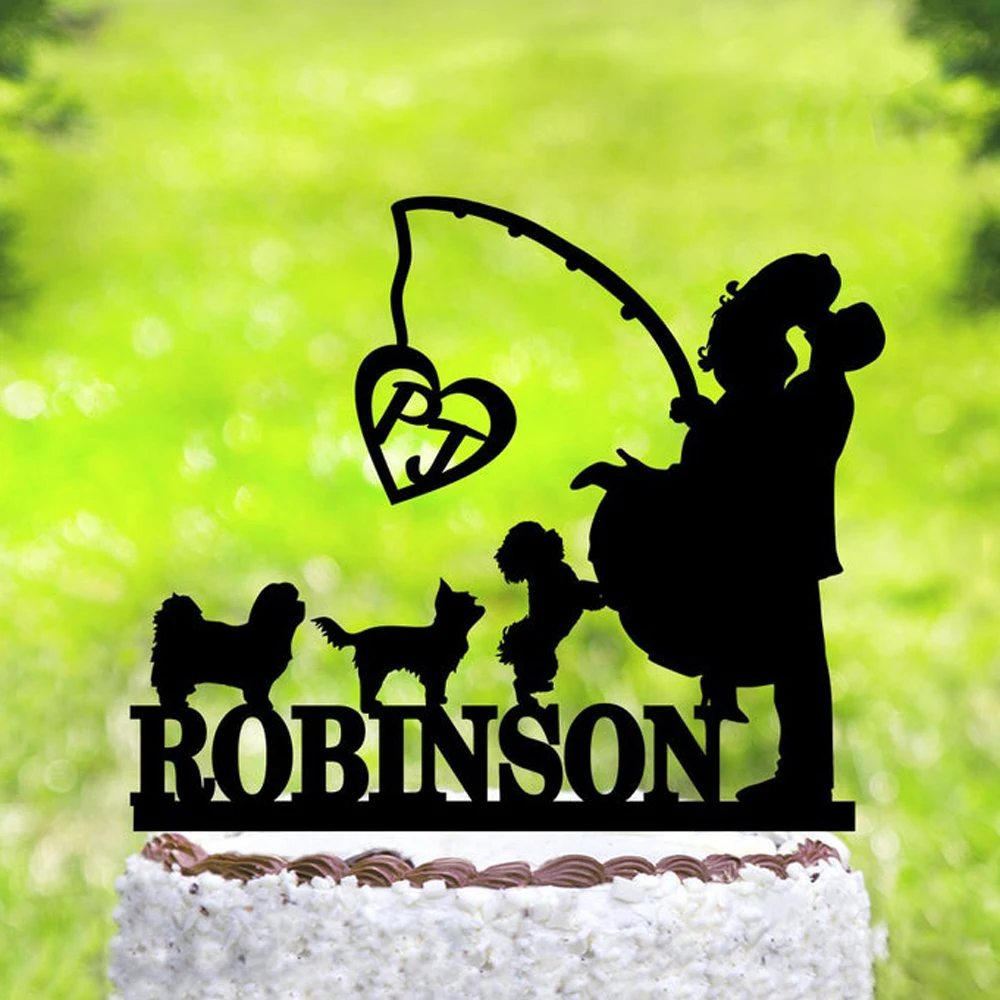 Personalized Fishing Wedding Cake Topper,Initials Cake Topper,three dog Hook On Love Cake Topper,Last Initials Name Cake Topper