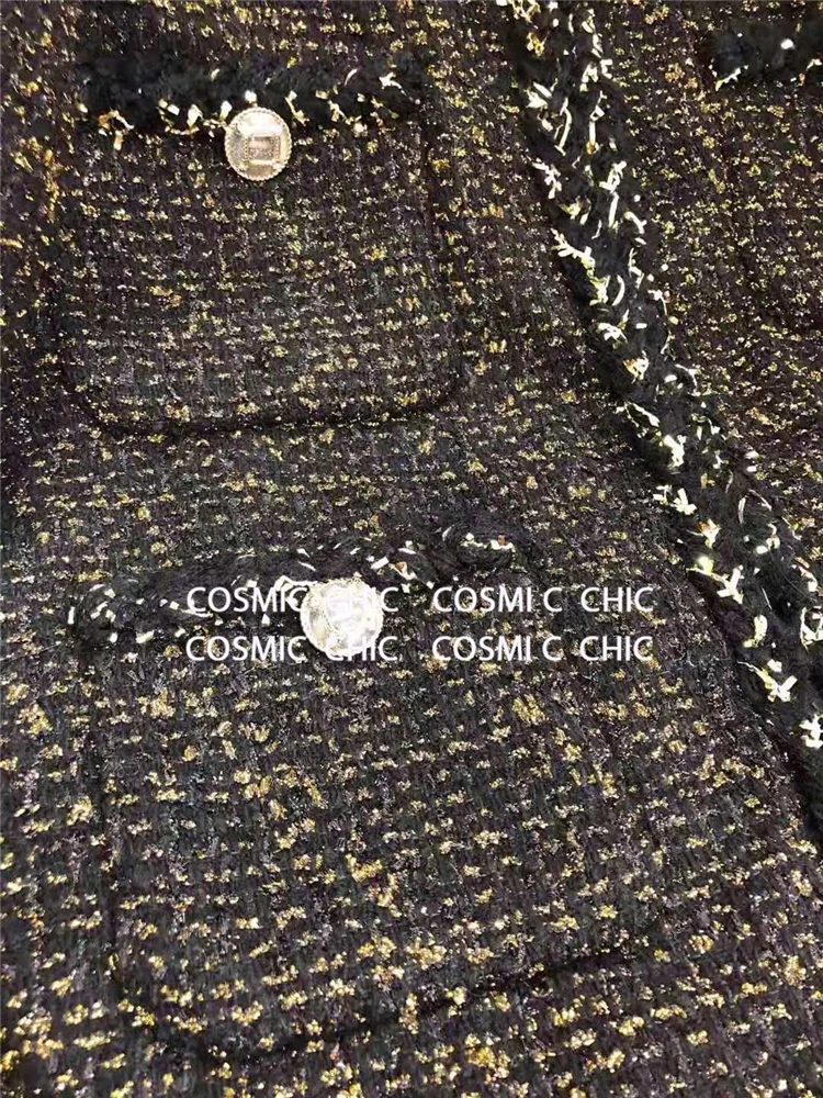 Cosmicchic Женская Осенняя Элегантная черная короткая куртка Роскошная шерстяная твидовая куртка с длинными рукавами и золотым плетением нитей OL Женская куртка