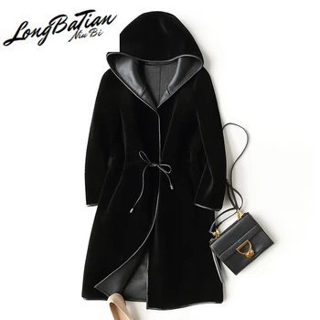 

New Wool 2020 Real Fur Coat For Women Winter Sheep Jackets And Coats Long Hooded PU Leather Lining Overcoat 18252 WYQ858