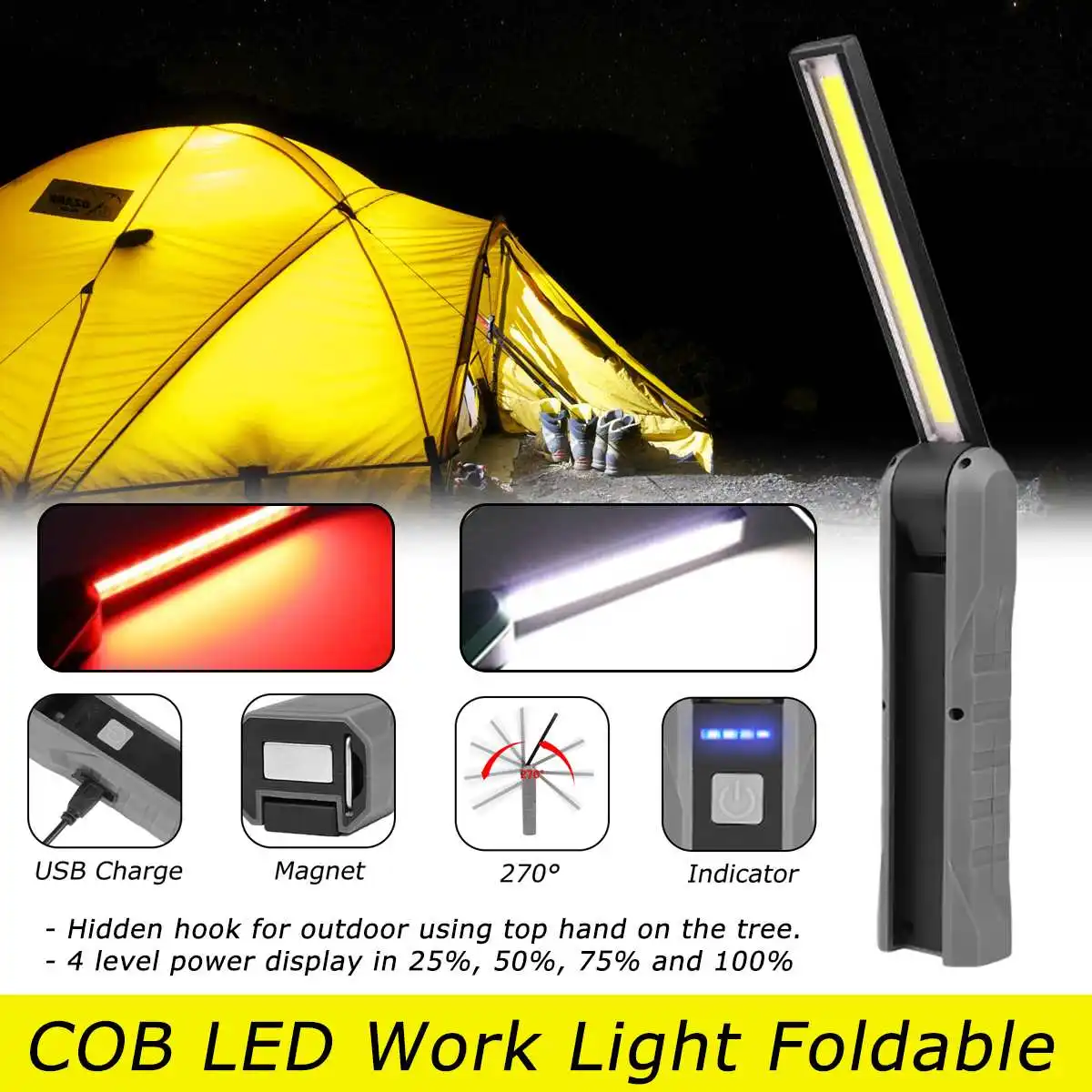 

2019 New Rechargeable COB LED Work Light Power Display Dimmable Flashlight Magnetic Inspection Lamp with Hook 2000mAh 18650