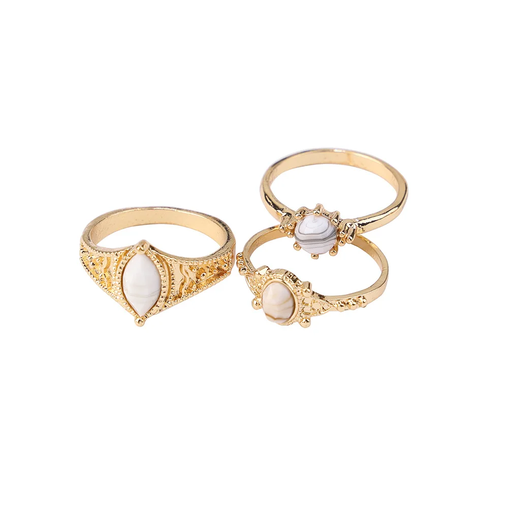 Богемные женские кольца геометрические белые драгоценные камни Выгравированные узоры суставы Золотое кольцо набор красивых женских свадебных ювелирных изделий подарки