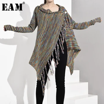 

[EAM] Knitting Asymmetrical Tassels Big Size Sweater Loose Fit Round Neck Long Sleeve Women New Fashion Tide Spring Autumn 2020