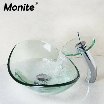 

Monite Washbasin Tempered Glass Hand-Painted Lavatory Bathroom Bath Combine Sink Chrome Brass Basin Mixer Tap Faucet Waterfall
