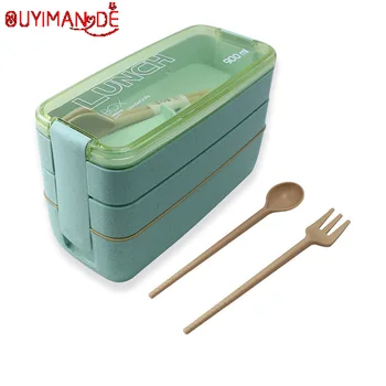 

900ml 3 Layers Lunch Box Bento Food Container Eco-Friendly Wheat Straw Material Microwavable Dinnerware Lunchbox