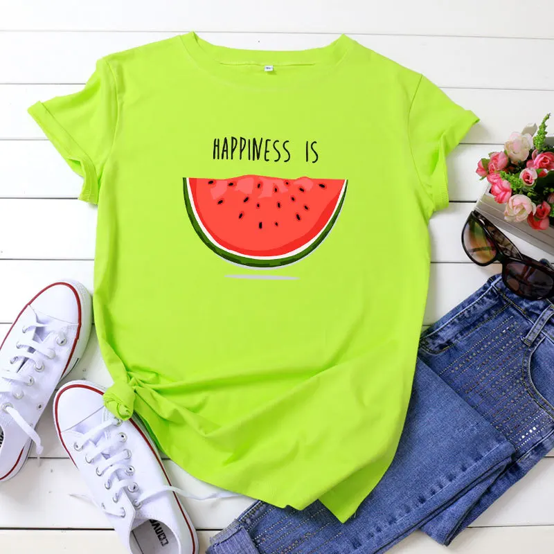 Happiness is Watermelon Printed 100% Cotton Short-sleeved Women's T-shirt Casual Soft Female T shirt Women Plus Size Femme Top
