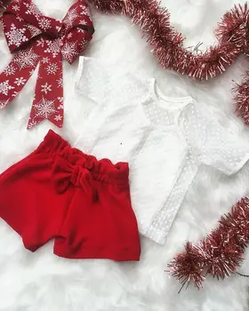 

1-6Years Fashion Toddler Kids Baby Girls Clothes Mesh Polka Dot Short Sleeve T-Shirts+Vest+Bowknot Shorts Children Xmas Outfits