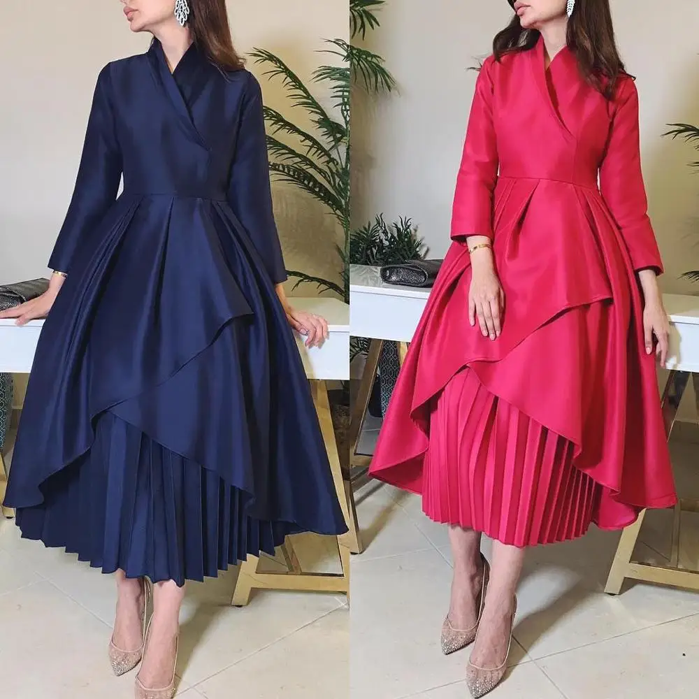 

Simple but Elegant V Neck Three Quarter Sleeve Pleated A Line Skirt Tea Length Prom Dresses