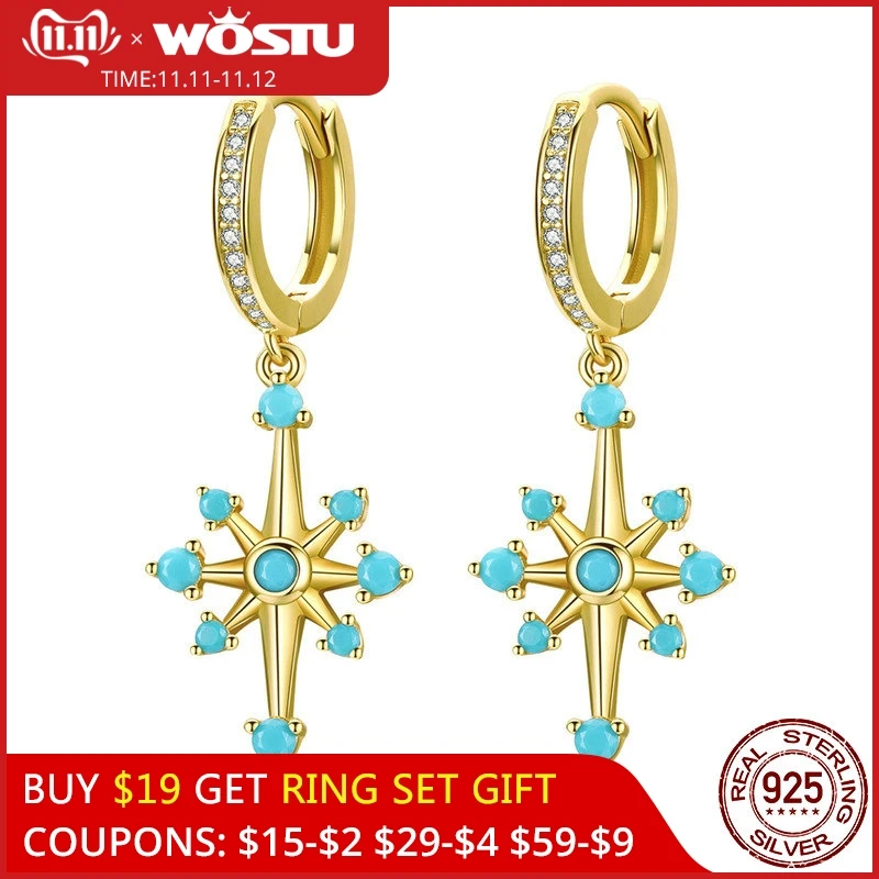 

WOSTU 100% Real 925 Sterling Silver Mango Drop Earrings Simple & Lovely Godlen Hexagram Star With Blue Shine Earrings CQE680