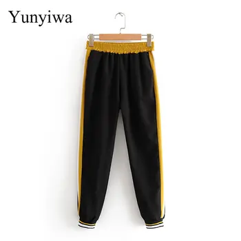 

Women Color Matching Side Stripe Patchwork Casual Straight Pants Ladies Elastic Waist Chic Ankle Length Leisure Trousers