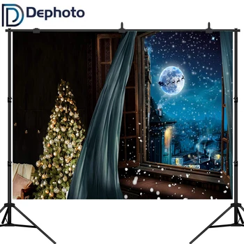 

Dephoto Christmas Party Backgrounds Photography Studio Tree Santa Claus Window Blue Curtain Snowflake Light Decor Photocall