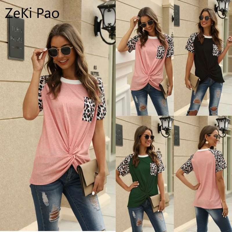

Spring and Summer Casual Women's Leopard Print Short-sleeved Slim T-shirt Round Neck Shirt Streetwear Harajuku Vestidos