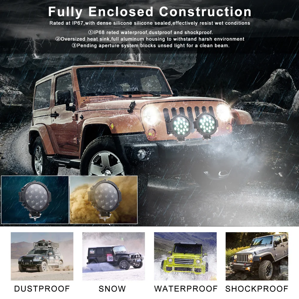 

2x 7 51W Round LED Work Light Bar Spotlight Fog Driving Lamp Off-road SUV Truck For Train, Boat, Bus, Outdoor Lighting