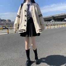 

Japanese Preppy Style Winter Sweet Girly Cardigan Vintage Solid Color V-Neck Full Sleeve Single-breasted Knitting JK Sweater