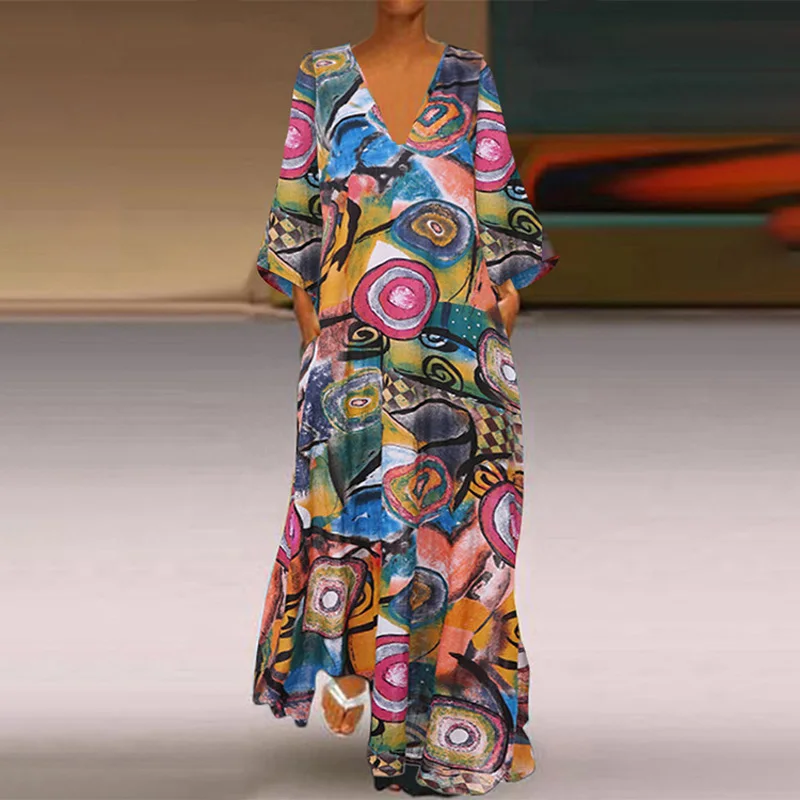 Женское платье летнее с v-образным вырезом стильное свободное ретро принтом