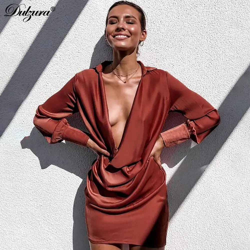 

Dulzura 2019 autumn winter women mini shirt dress sexy long sleeve satin silk elegant deep v neck party festival dinner clothes