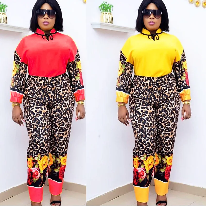 

2 Piece Sets Dashiki Traditional African Clothing Two Piece Set Women Africaine Leopard Print Tops Pants African Clothes 2021