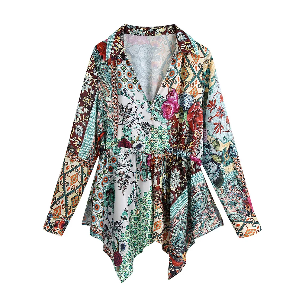 

Womens Tops And Blouses Collared V Neck Long Sleeve Patchwork Print Top Drawstring Waist Asymmetrical Hem Bohemian Blouse Shirt