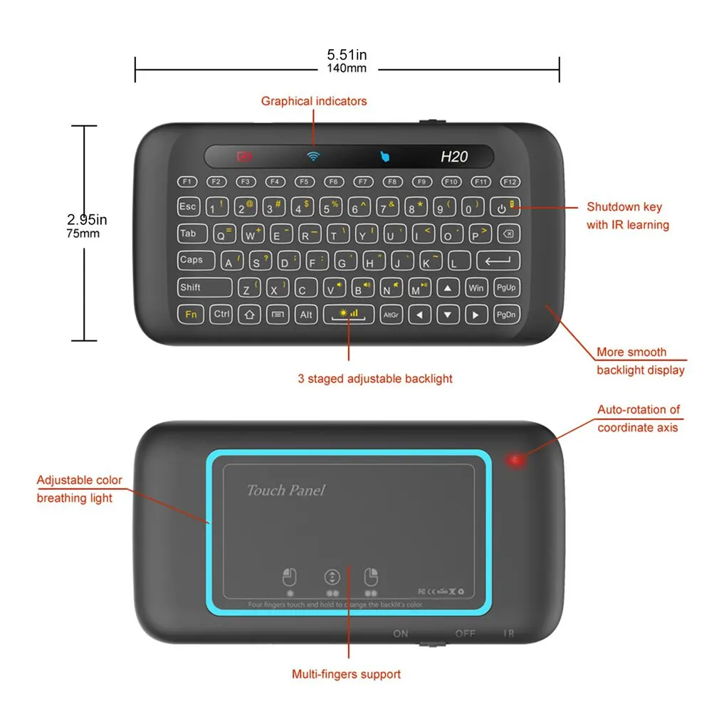 H20 2 4 GHz Беспроводная мини клавиатура с подсветкой Сенсорная панель Air mouse ИК пульт