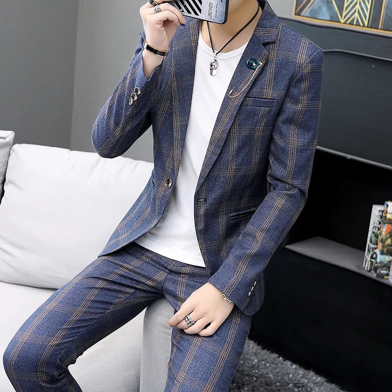 

2019 Autumn Suit Men's Korean-style Slim Fit Plaid Men Suit Two-Piece Set