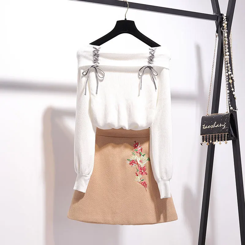 

2019 Autumn And Winter New Style Horizontal Neck Loose-Fit Knitted Sweater + Woolen Skirt Two-Piece Set Women's