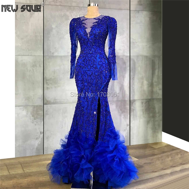 Custom Fabric Blue Beaded Evening Dresses Robe De Soiree 2022 Arabic